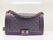 Chanel 16C 2016 Cruise collection series 21 Purple Iridescent Calf skin rainbow mermaid hardware Le Boy Old Medium Flap Bag